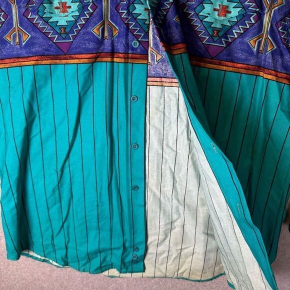 Roper Mens Size Large Aztec Print Button Front Shirt Blue Turquoise Long Sleeve - Picture 5 of 8